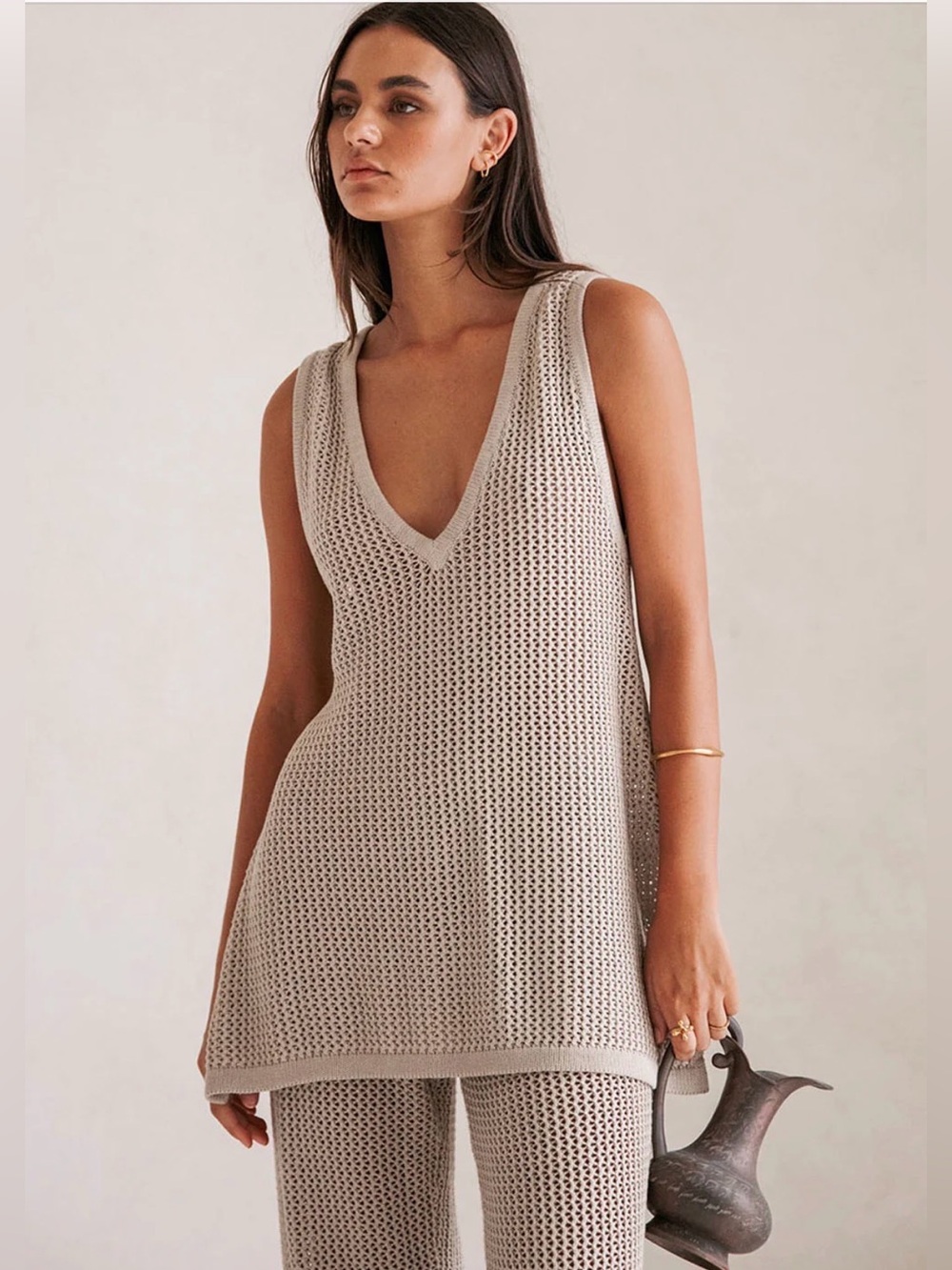 Sabo Australia Ailish Crotchet Knit Boho Beige Sleeveless Top Size XL